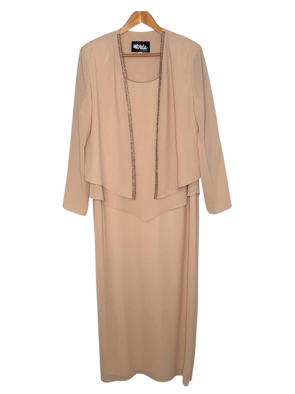 Ursula of Switzerland Two-Piece Champagne Maxi Dress & Beaded Jacket Set Size 18